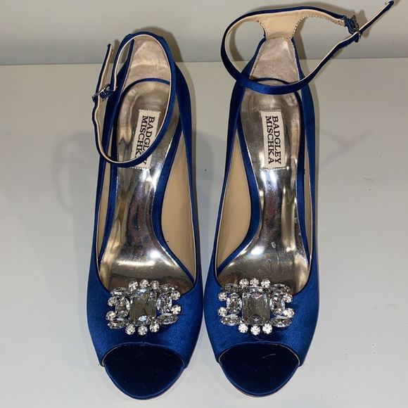 Badgley Mischka Blue Kali Satin Ankle-strap Pumps - Picture 3 of 12